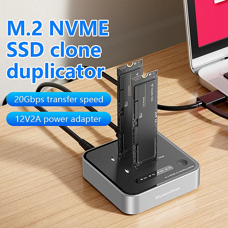 ឧបករណ៍អាន M.2 NVME SSD ក្លូន M.2 NVme SSD ច្រកពីរ Blueendless 20Gbps USB3.2 ប្រភេទ C ចម្លងក្លូនក្រៅបណ្តាញ NVme PCIE Enclosure