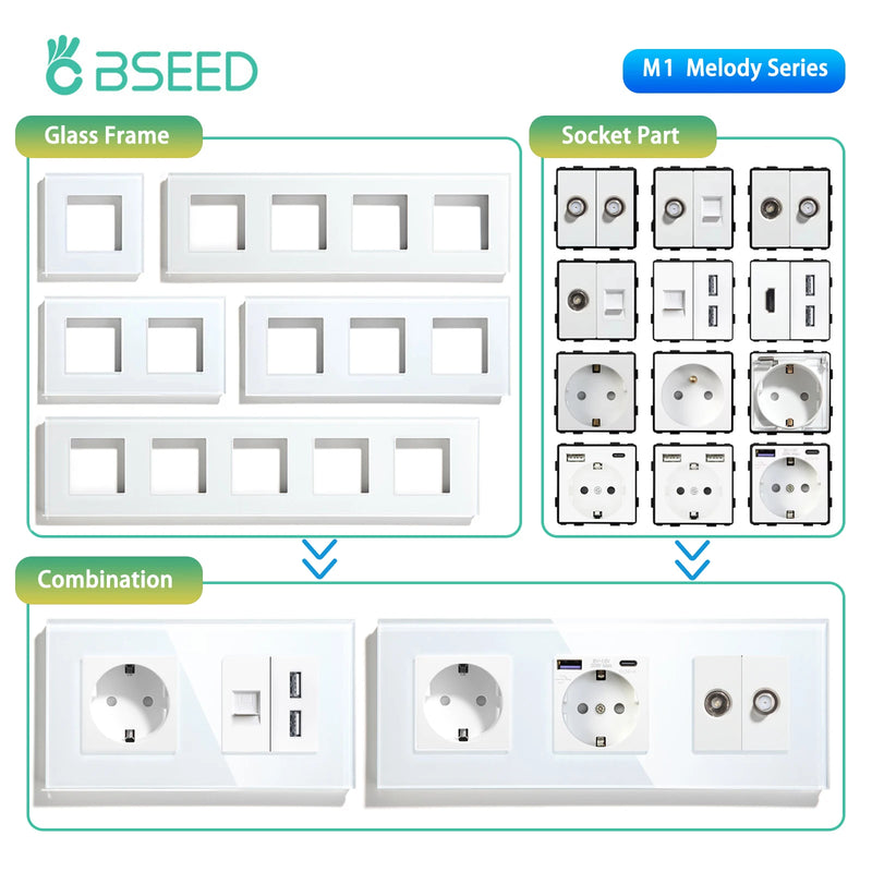 BSEED EU Standard Wall Socket with USB RJ45 TV Satellite Plug Glass Panel DIY Free Combination Function Part for Home Automation