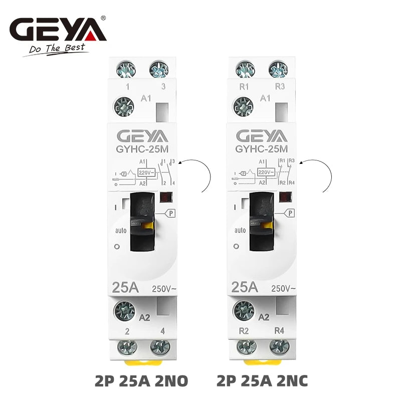 កុងតាក់ AC បញ្ជាដោយដៃ GEYA 2P 4P 25A 63A 220V/230V 50/60Hz Din Rail សម្រាប់ប្រើប្រាស់ក្នុងផ្ទះ កុងតាក់ AC ម៉ូឌុល 2NO 2NC 4NO