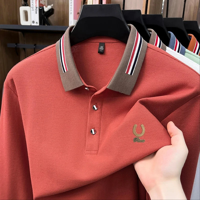 Quality 100%Cotton Man Long-Sleeved Polo Shirt Lapel Button Color Blocking Letter Pattern Embroidery Autumn New Leisure Menswear