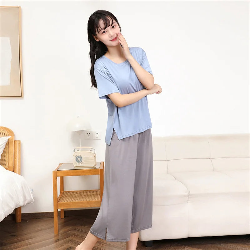 Korean Summer Pajamas Women Sleepwear Pijama Suit Patchwork Color Home Clothes Chest Pad Short Sleeve Nightwear Two Piece Set