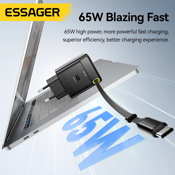 ឆ្នាំងសាក Essager 65W GaN ជាមួយខ្សែរ PD សាកថ្មលឿនសម្រាប់កុំព្យូទ័រយួរដៃ Macbook iPhone 16 15 14 Xiaomi Type-C ឆ្នាំងសាកទូរស័ព្ទ