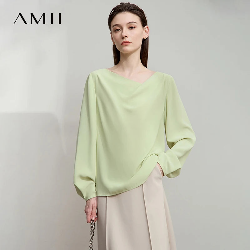 AMII 2026 Autumn Women Blouse Minimalism Solid Loose Simple Gentle Breeze Long-sleeve Office Lady Shirts Female Tops 12543062