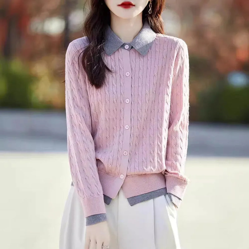 New Korean Woolen Long Sleeve Tops Female Lapel Shirt Spring Autumn Cardigan Women's Sweater Jacket Buttons Knitwear Coat