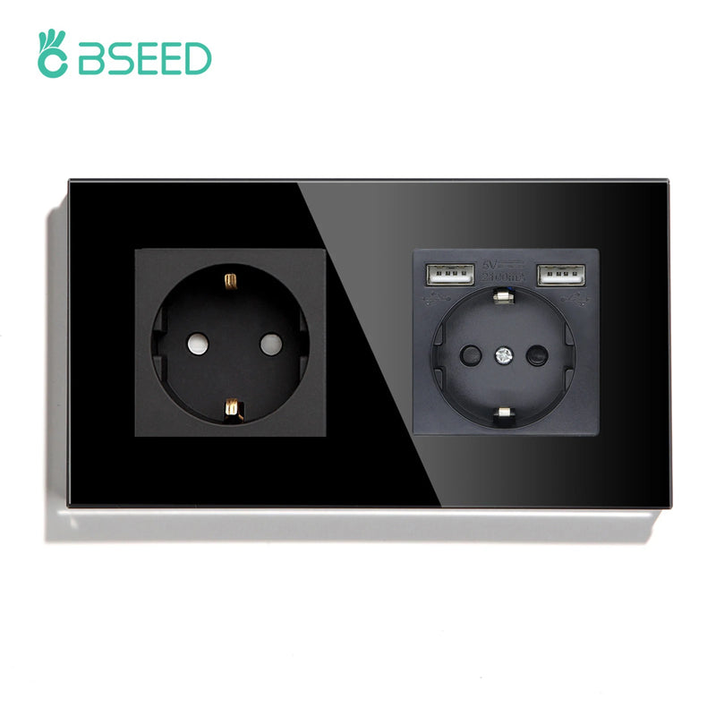 BSEED EU Standard Wall Sockets Single Powerful Outlets Black Double Frame Sockets Glass Panel Triple Sockets Kids Protection 16A