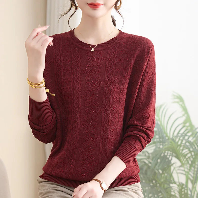 Pollovers Women's Sweater New Knitwear Long Sleeve Top Basic Jumper Female Clothing Spring Autumn Middle Aged Mother Blouse