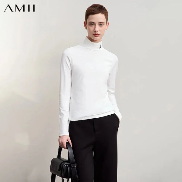 AMII Minimalism Women's Turtleneck T-shirts Embroidered Fleece Warm 2026 Winter Long Sleeve Slim Commuter Knitted Tops 12424114