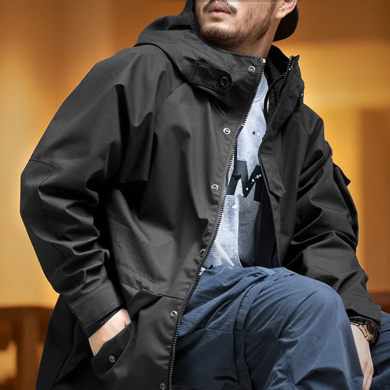 Maden Outdoor Sports Hooded Jacket for Men Black Windbreaker Motorcycle Style Mid-length with Multi-pockets Coat for Autumn