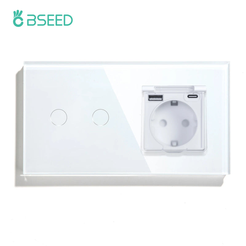BSEED Touch Light Switch 1/2/3Gang 1Way EU Socket With Cover Glass Panel 300W Power Led Switches Waterproof USB Type-C Socket