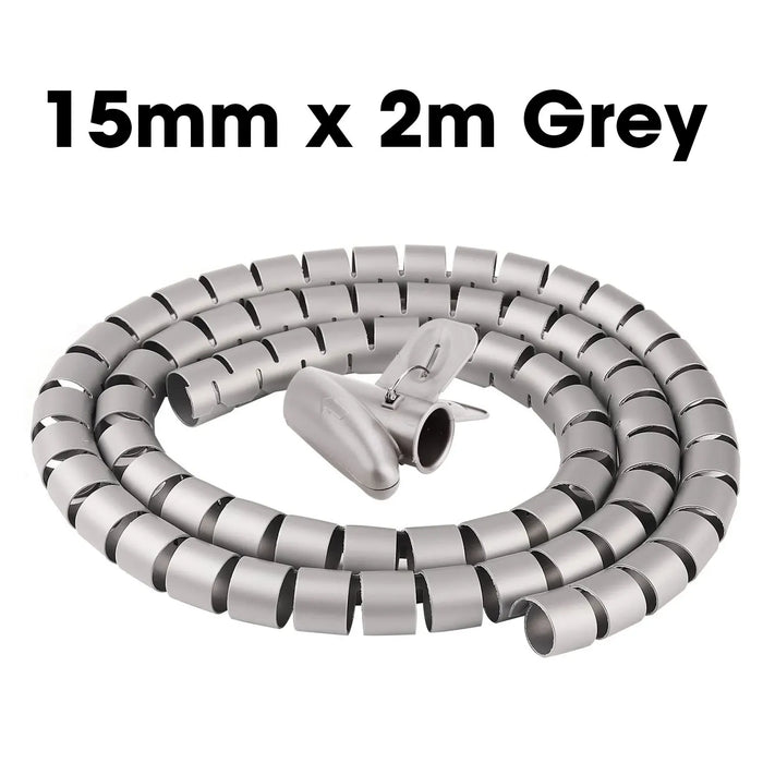 ZoeRax 2m 15/20/25mm Flexible Spiral Cable Wire Protector Cable Organizer Cord Protective Tube Clip Organizer Management Tools 15mm x 2m Grey