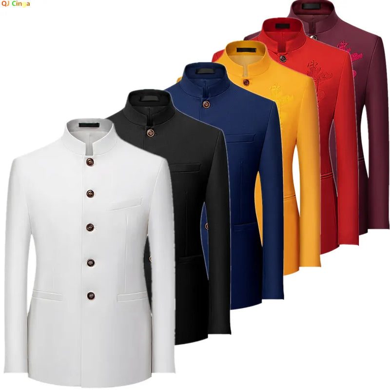 2026 Men's Chinese Style Long Sleeve Suit Jacket Korean Fit Formal Wear Asian Sizes L-7XL in Red White Black Yellow Blue Coat