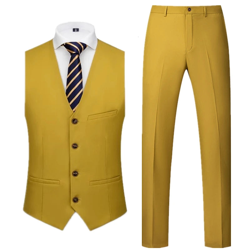 2026 Men's Bright Red V-Neck Sleeveless Vest with Pants, Green Gray Black White Purple Waistcoat and Trousers Asian Size Sets