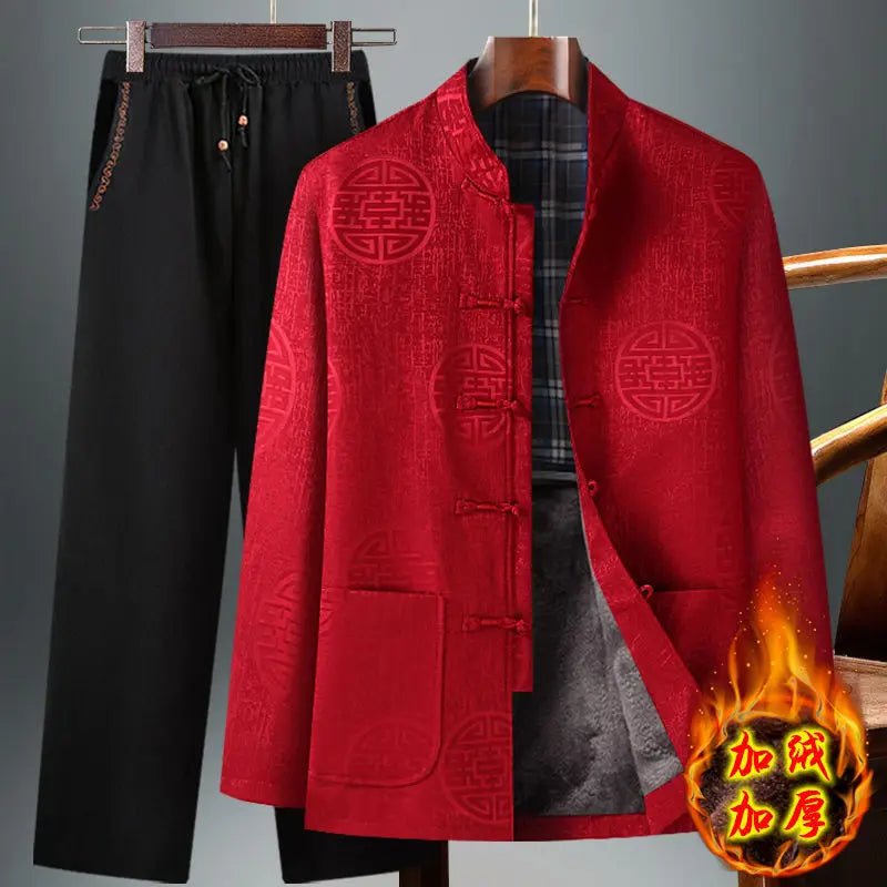 Chinese-style Men's Two-piece Set: Red Jacquard Jacket Paired with Black Embroidered Pants (available in A Thicker Version)