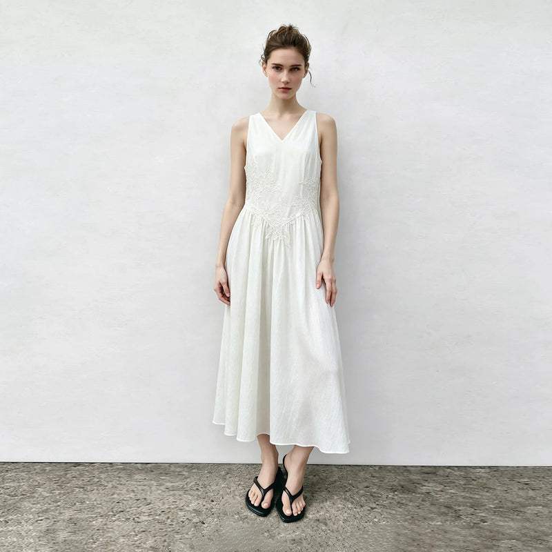Amii Womens Dresses 2026 Summer New V Neck Lace Trim Linen Blend Sleeveless A-Line Dress Elegant Casual Woman Clothing 12642051