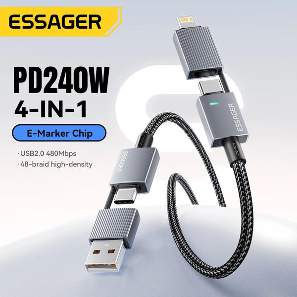 ខ្សែសាកលឿន Essager 240W 4-in-1 សម្រាប់ iPhone17 16 15 Pro Max Macbook iPad Xiaomi Samsung Macbook USB Type C ទៅ USB C