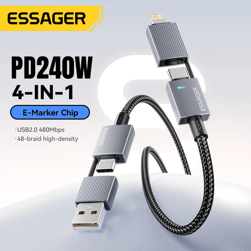 ខ្សែសាកលឿន Essager 240W 4-in-1 សម្រាប់ iPhone17 16 15 Pro Max Macbook iPad Xiaomi Samsung Macbook USB Type C ទៅ USB C