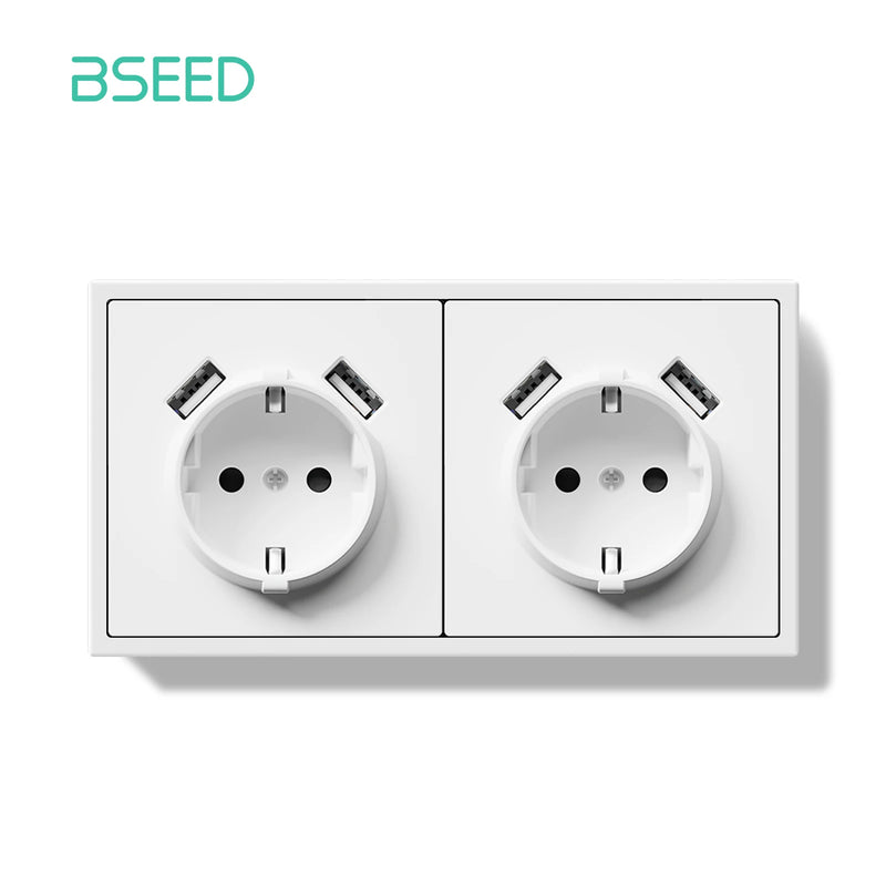 BSEED EU Standard Single Wall Socket Double USB Charge Port Wall Power Outlets Electric Plugs White Black Plastic Frame 16A