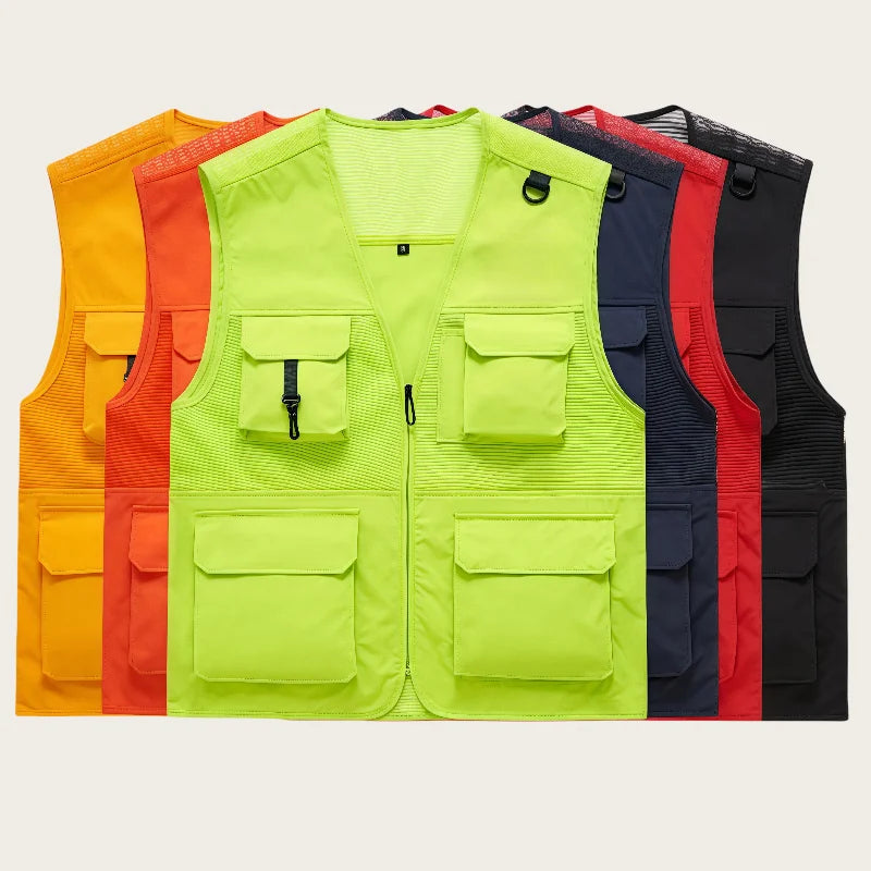 Solid fluorescent color breathable net V-neck vest Multi-pocket Work and leisure vest  custom logo for group activities