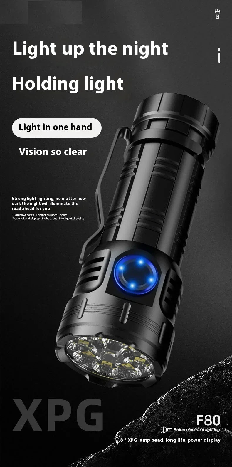 ពិល LED ថាមពលខ្ពស់ អាចសាកបានតាម USB 8 គ្រាប់ XPG កន្ទុយចង្កៀង មេដែក ក្លីបពិល ធន់នឹងទឹក ចង្កៀងតូច ចល័ត