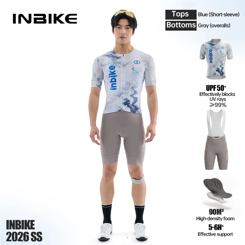 INBIKE Pro Men's Road Bike Jersey Bib Pants Set Breathable Quick Dry Summer Cycling Short Sleeve Top Clothing with Multi-Pockets