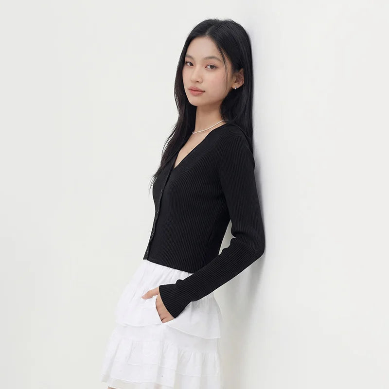 Semir Women Cardigan Short Slim Solid Lace V Neck Regular Shoulder Simple Layered Top 2026 Soft Breathable Fashion Wear