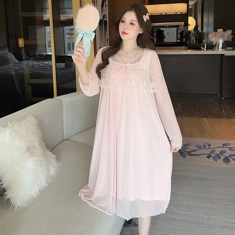Spring Summer Long Sleeved Night Dress Woman Modal Lace Mesh Princess Nightgown Sleepwear Women's Nightie Korean Sleep Shirts