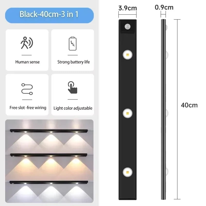 ភ្លើង LED ទំហំ 20/30/40/50 សង់ទីម៉ែត្រ នៅក្រោមទូខោអាវ ភ្លើងបំភ្លឺក្នុងផ្ទះ ឧបករណ៍ចាប់សញ្ញាចលនា ចង្កៀង LED ស្តើងបំផុត ភ្លើងពេលយប់អាចសាកបានដោយ USB