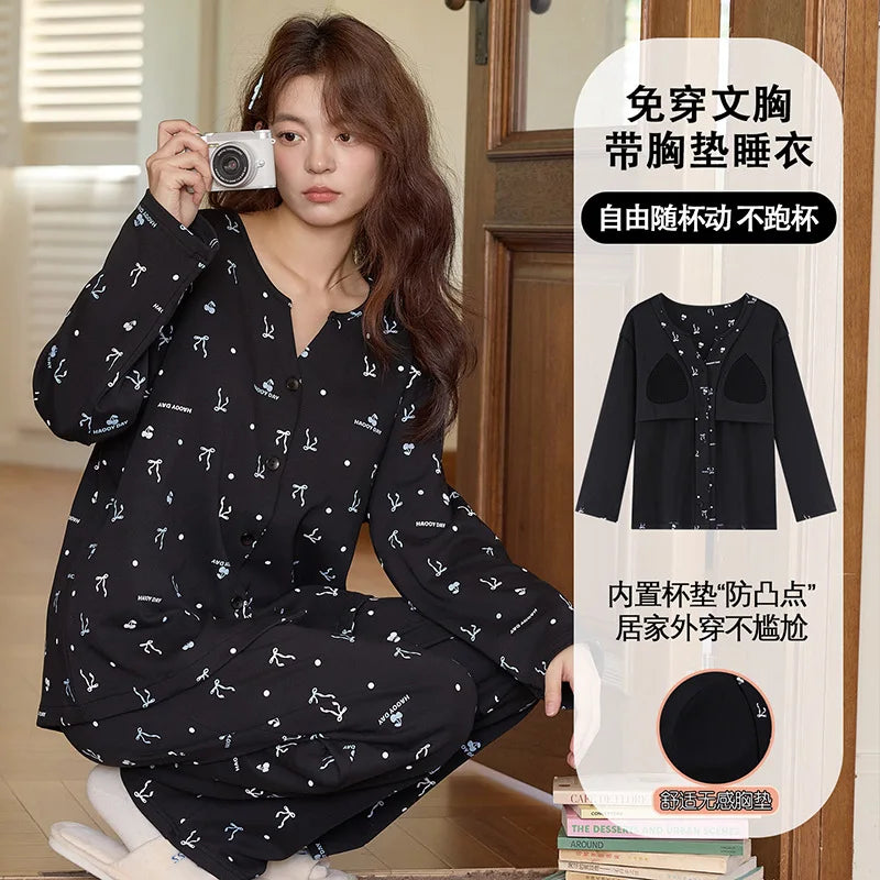 Korean Cotton Chest Pad Long Sleeve Top Trouser Sets Casual Home Suit For Women Spring Autumn Sleepwear Women's Pajamas