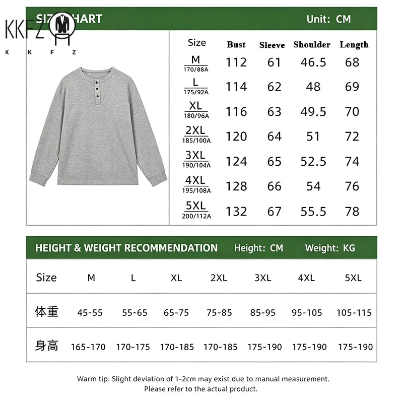 Autumn Basic Long Sleeve Pullover Men Round Neck Waffle Knit Button Notch Easy Matching Daily Street Fashion Apparel