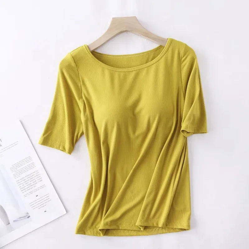 One Piece Pajamas Tops For Women New Short Sleeve Modal Cotton Sleepwear T-shirt Chest Pad Casual Underwear Sleeping Pijama