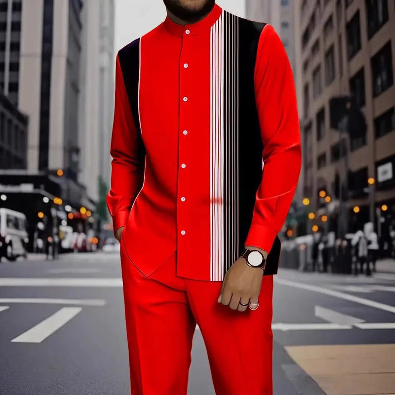 Men's Two-piece Set for Spring/Fall: An Ethnic-style Long-sleeve Shirt Paired with Pants, Red, Blue, Green, Gray, Black, Purple.