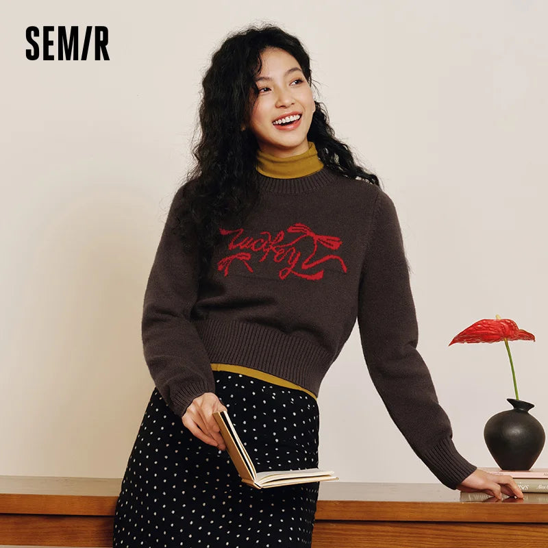 Semir New Year Sweater Women Short Bowknot Slim Fit Round Neck Knit Top 2026 Spring Style Red Fashion Basic Tops
