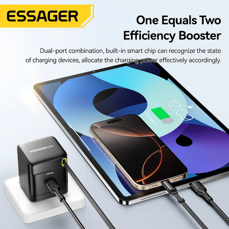 ឆ្នាំងសាក Essager 65W GaN ជាមួយខ្សែរ PD សាកថ្មលឿនសម្រាប់កុំព្យូទ័រយួរដៃ Macbook iPhone 16 15 14 Xiaomi Type-C ឆ្នាំងសាកទូរស័ព្ទ
