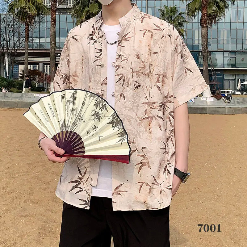 2026 Chinese Style Men's Short Sleeve Shirt with Chinese Characters Decorations and Asian Size Single Button Beach Casual Top