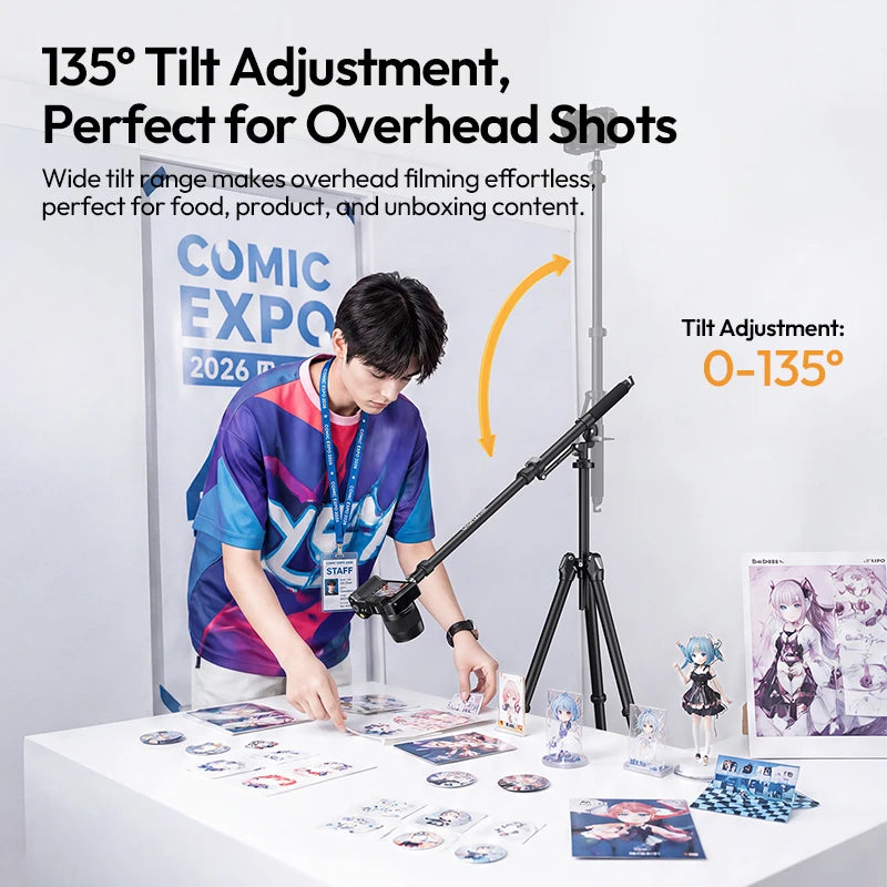 ជើងទម្រដៃបត់បាន Ulanzi TH09 ទំហំ 1.34 ម៉ែត្រ ជាមួយនឹងការលៃតម្រូវទំនោរ 3 ផ្នែក 135° សម្រាប់គ្រឿងបន្ថែមម៉ោនកាមេរ៉ា Tripod Shoot Overhead Shoot