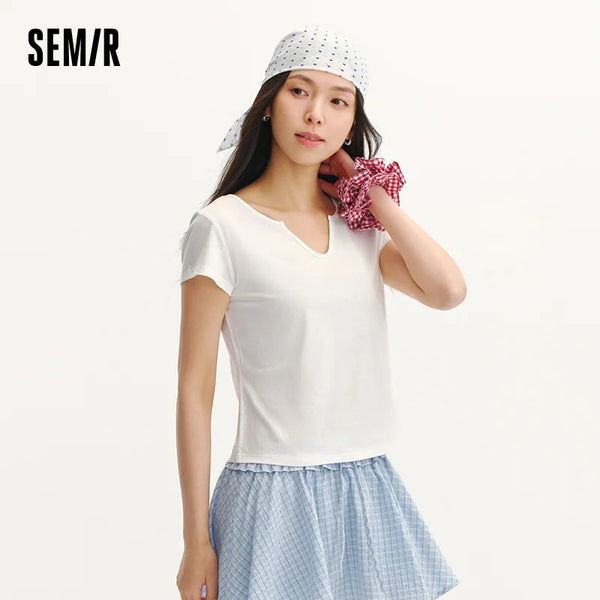 អាវយឺតស្ត្រី Semir ឆ្នាំ ២០២៦ ខ្លីស្តើង ធ្វើពីកប្បាស លីនីន រឹង ស្មាធម្មតា ឆើតឆាយ ធម្មតា ទន់