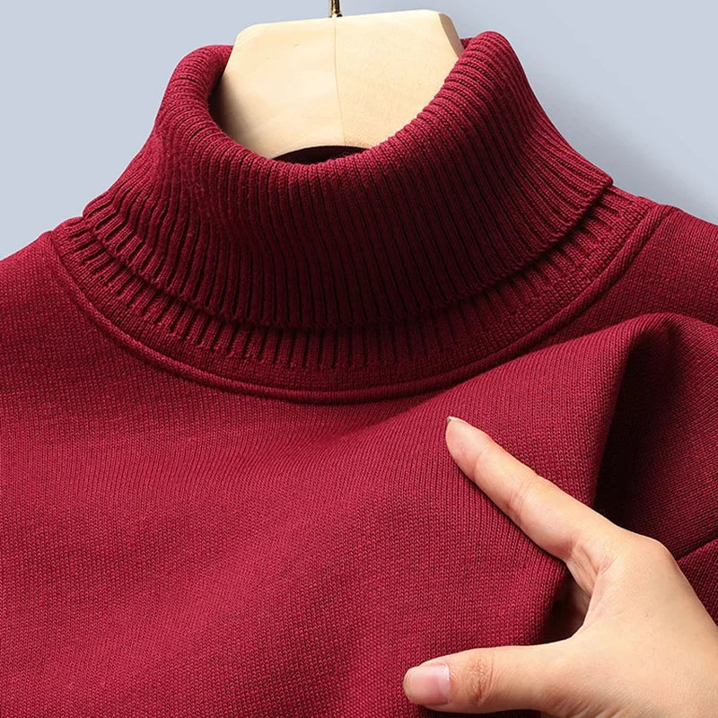 Stretch Knitted Turtleneck Top For Males Full Fleece Lining Thermal Warm Pullover Long Sleeve Casual Street Outfit