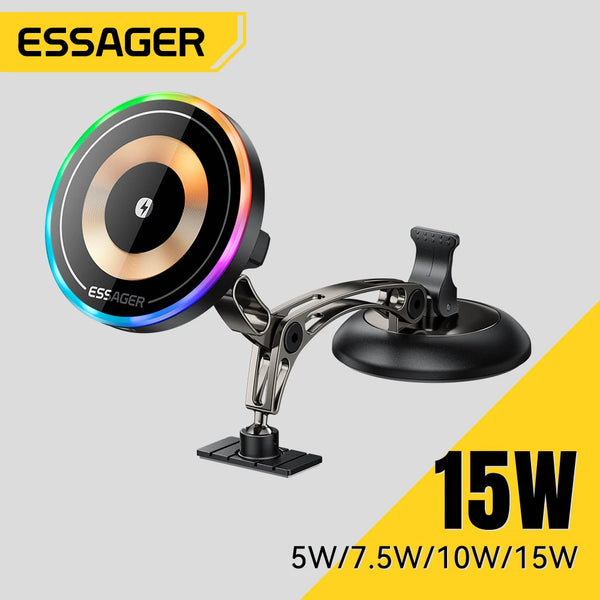 ឆ្នាំងសាកឥតខ្សែ Essager 15W ម៉ាញេទិកសម្រាប់ទូរស័ព្ទក្នុងឡាន ជើងទ្របង្វិលបាន 360° សម្រាប់ iPhone 17 16 15 Pro Max Samsung Xiaomi