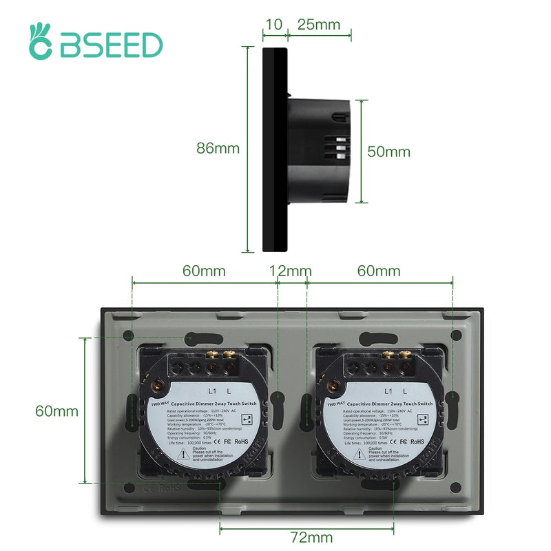 BSEED Dimmable LED Light Switch Double 1Gang 1way Touch Switch Dimmer EU Standard Sensor Wall Switches Tempered Crystal Glass