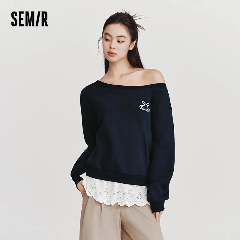 Semir Women Hoodie 2026 New Red One Shoulder Fake Two Piece Sexy Smart Casual Style Spring Holiday Tops