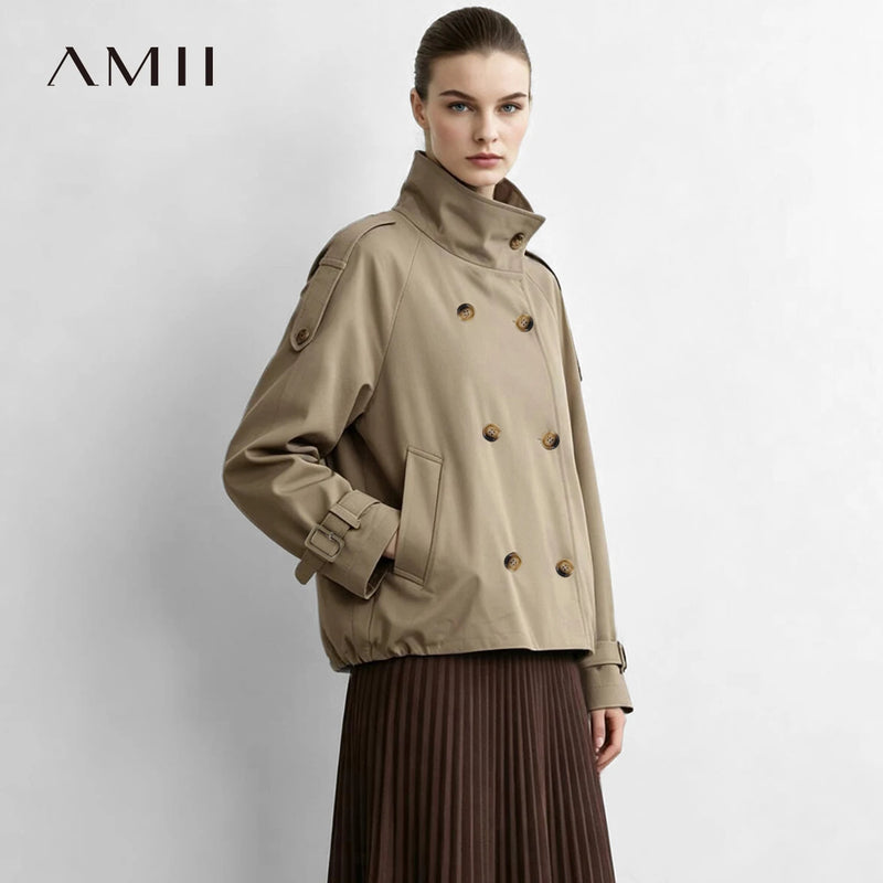 Amii Women's Cropped Trench Coat Cotton Stand Collar Double Breasted Raglan Sleeve Jacket Casual Outerwear Windbreaker 12623100
