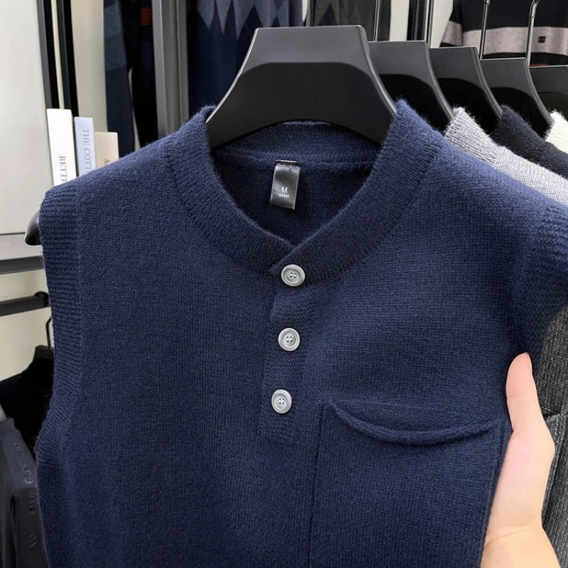 Men's Stand-Up Collar Knitted Vest with Button Front and Patch Pocket Spring and Autumn Pullover Knit Sweater