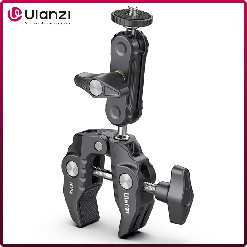 Ulanzi R094 ក្ដាប់ដែកខ្លាំងជាមួយក្បាលបាល់ពីរ ក្ដាប់ដៃវេទមន្ត ជាមួយរន្ធ 1/4" 3/8" សម្រាប់កាមេរ៉ា DSLR ម៉ូនីទ័រ ភ្លើង ម៉ោនមីក្រូហ្វូន