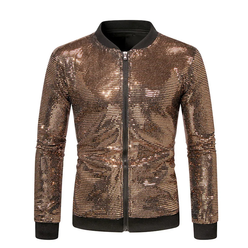 2026 Men's Gold Long Sleeve Jacket, Baseball Collar Zipper Control Switch Jackets,Round Metal Piece Decoration Top, Silver Coat