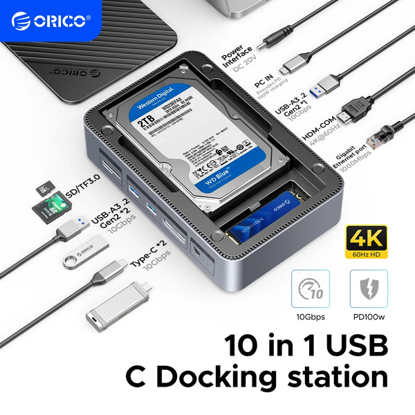 ORICO Docking Station Deck with Dual M.2 NVME SSD Case 3.5 Hard Drive Enclosure Steam Dock 10 in 1 HDMI 4K60Hz PD100W Ethernet