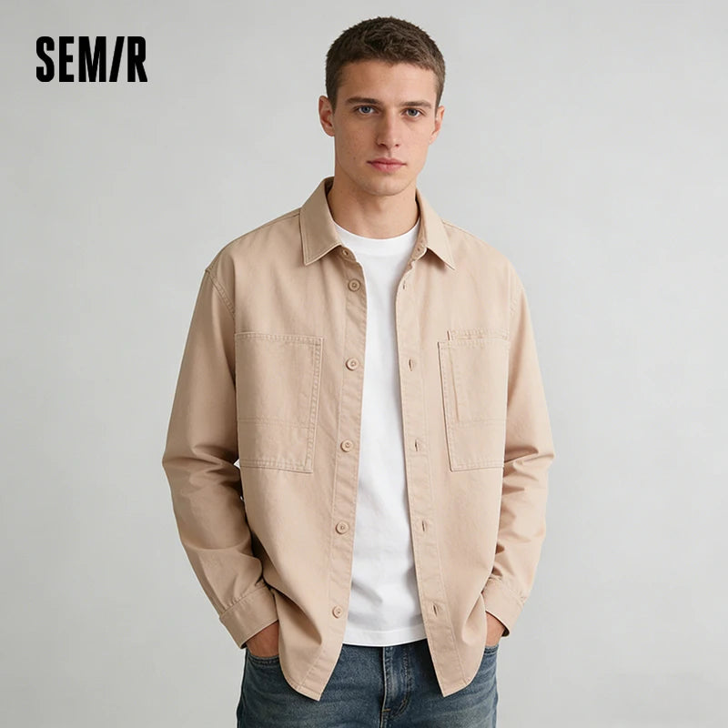 Semir Cargo Shirt Men Long Sleeve Cotton Twill Loose Lapel Fleece Casual Commute Daily Wear Spring Fashion Comfort Top