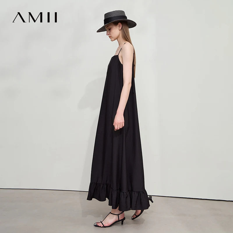 AMII Minimalist Vacation Lyocell Dresses 2026 Summer Beach Women Clothing Party Suspender Lotus Edge Long Black Dresses 12542159