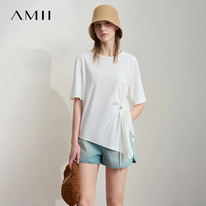 អាវយឺតរដូវក្តៅ AMII Minimalist សម្រាប់ស្ត្រីឆ្នាំ ២០២៥ កមូលដៃខ្លីរលុងអាវស្ត្រីម៉ូដថ្មីការិយាល័យ 12522042