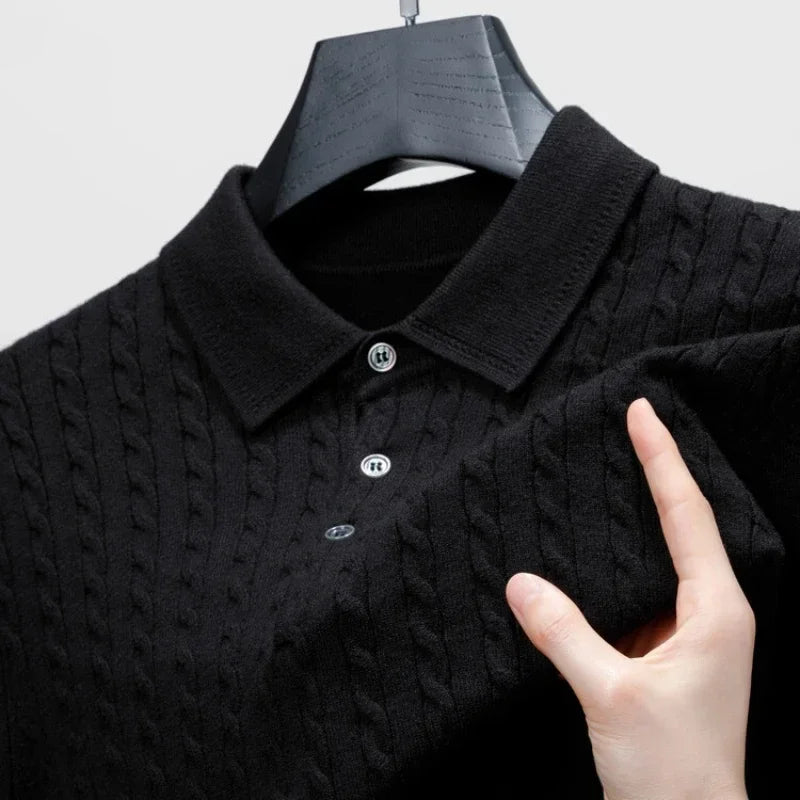 Men's Old Money Twisted Knit Solid Color Long Sleeve Polo Shirt - Business Casual Pullover Sweater for Autumn