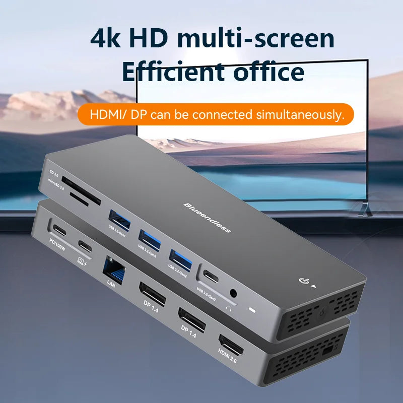 ស្ថានីយ៍ចត USB C របស់ Blueendless 4K HDTV អានកាត 13 ក្នុង 1 អាដាប់ទ័រប្រភេទ c PD 100W ឧបករណ៍បំបែកឆ្នាំងសាក Rj45 DP 1.4 USB3.0 មជ្ឈមណ្ឌលច្រើន
